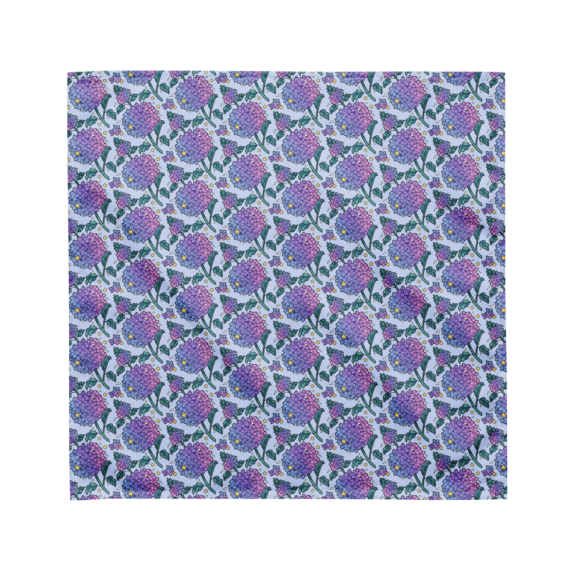A blue bandana lying flat with a floral hydrangea pattern on it.