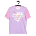A purple t-shirt with pink short sleeves and a heart graphic featuring text that reads "the universe is full of friends"