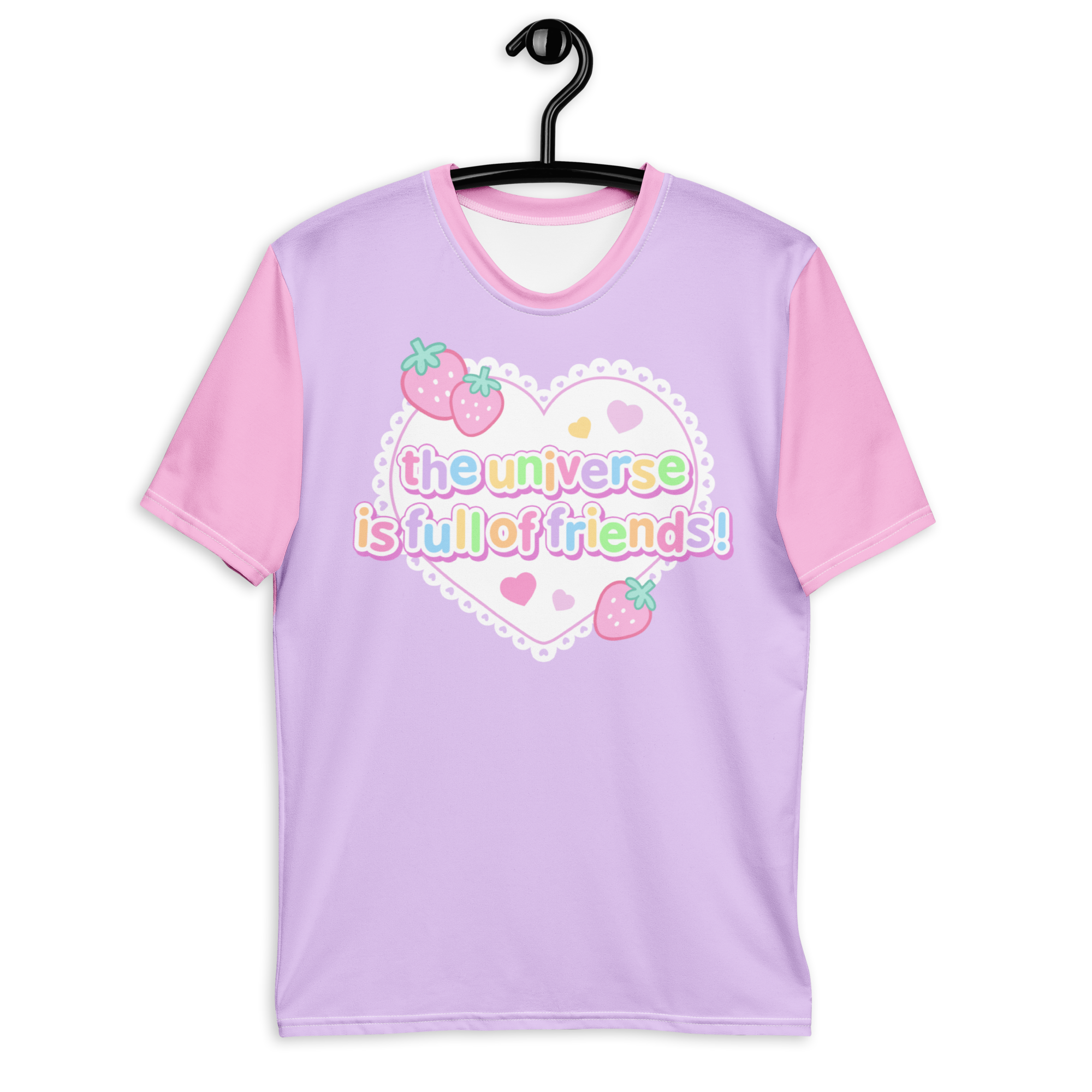 A purple t-shirt with pink short sleeves and a heart graphic featuring text that reads "the universe is full of friends"