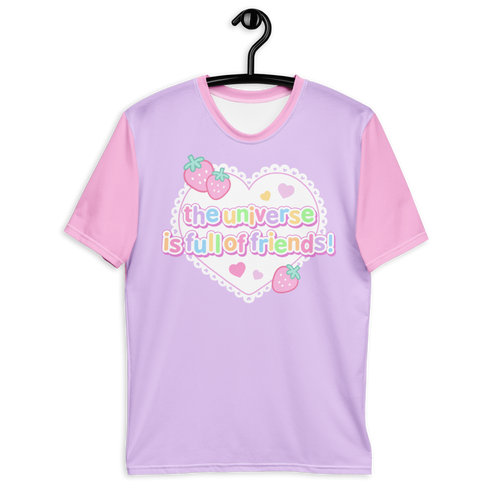 A purple t-shirt with pink short sleeves and a heart graphic featuring text that reads "the universe is full of friends"