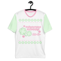 A white t-shirt with green short sleeves and a clover graphic on the front, featuring japanese text and the words "make someone smile today".