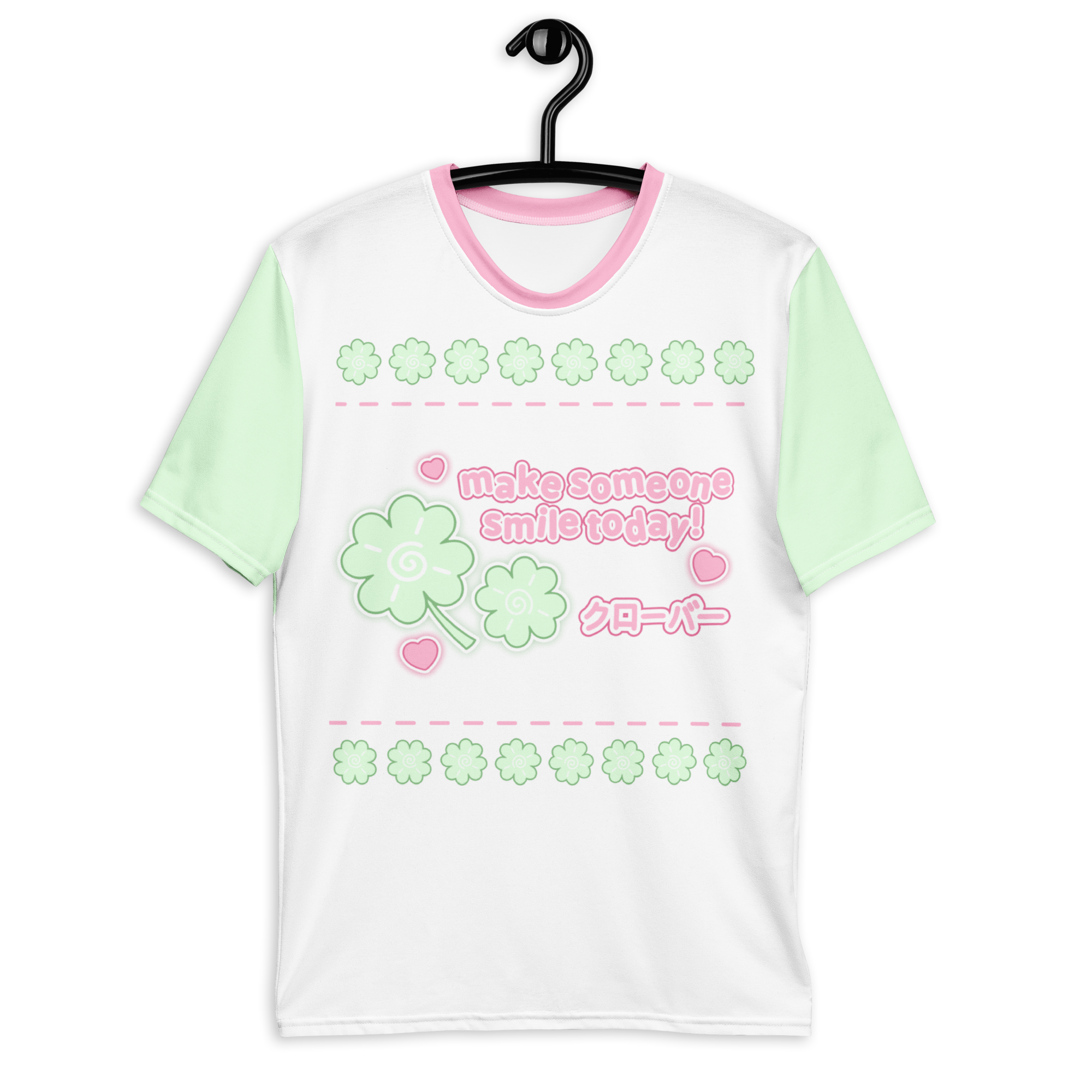 A white t-shirt with green short sleeves and a clover graphic on the front, featuring japanese text and the words "make someone smile today".