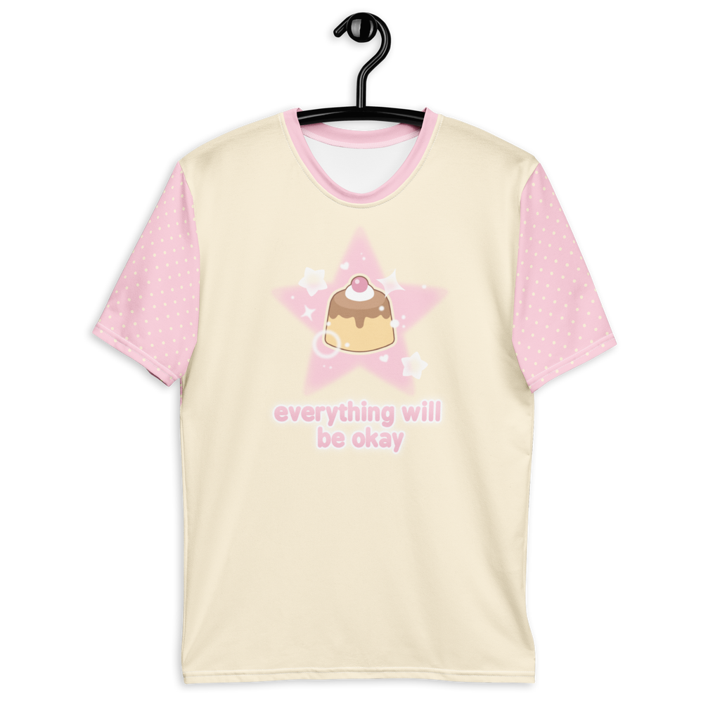 A yellow t-shirt with pink short sleeves and a pudding graphic on the front and text that says "everything will be okay".