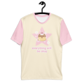 A yellow t-shirt with pink short sleeves and a pudding graphic on the front and text that says "everything will be okay".