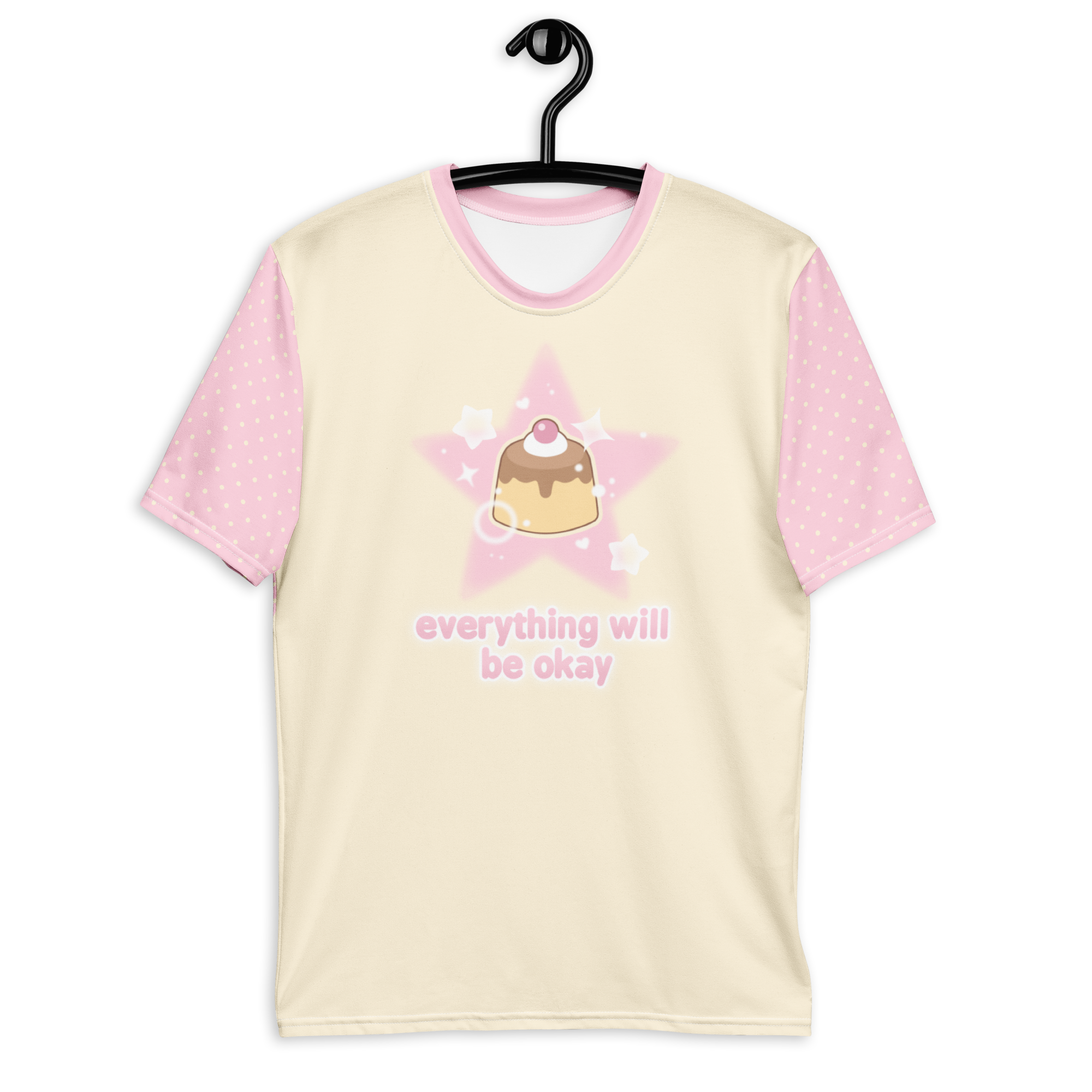A yellow t-shirt with pink short sleeves and a pudding graphic on the front and text that says "everything will be okay".
