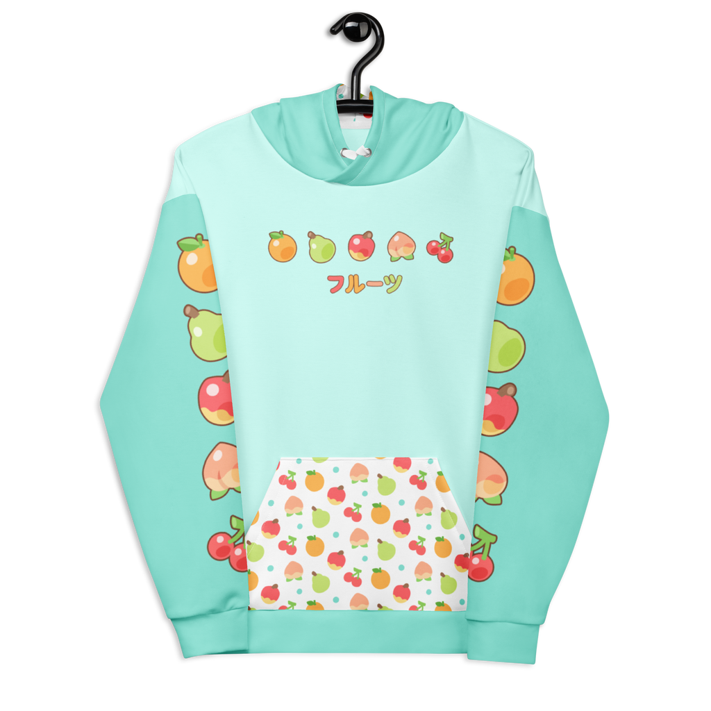 A light blue hoodie with fruits on the sleeves, fruits and japanese text on the chest, and a fruit pattern on the pocket.