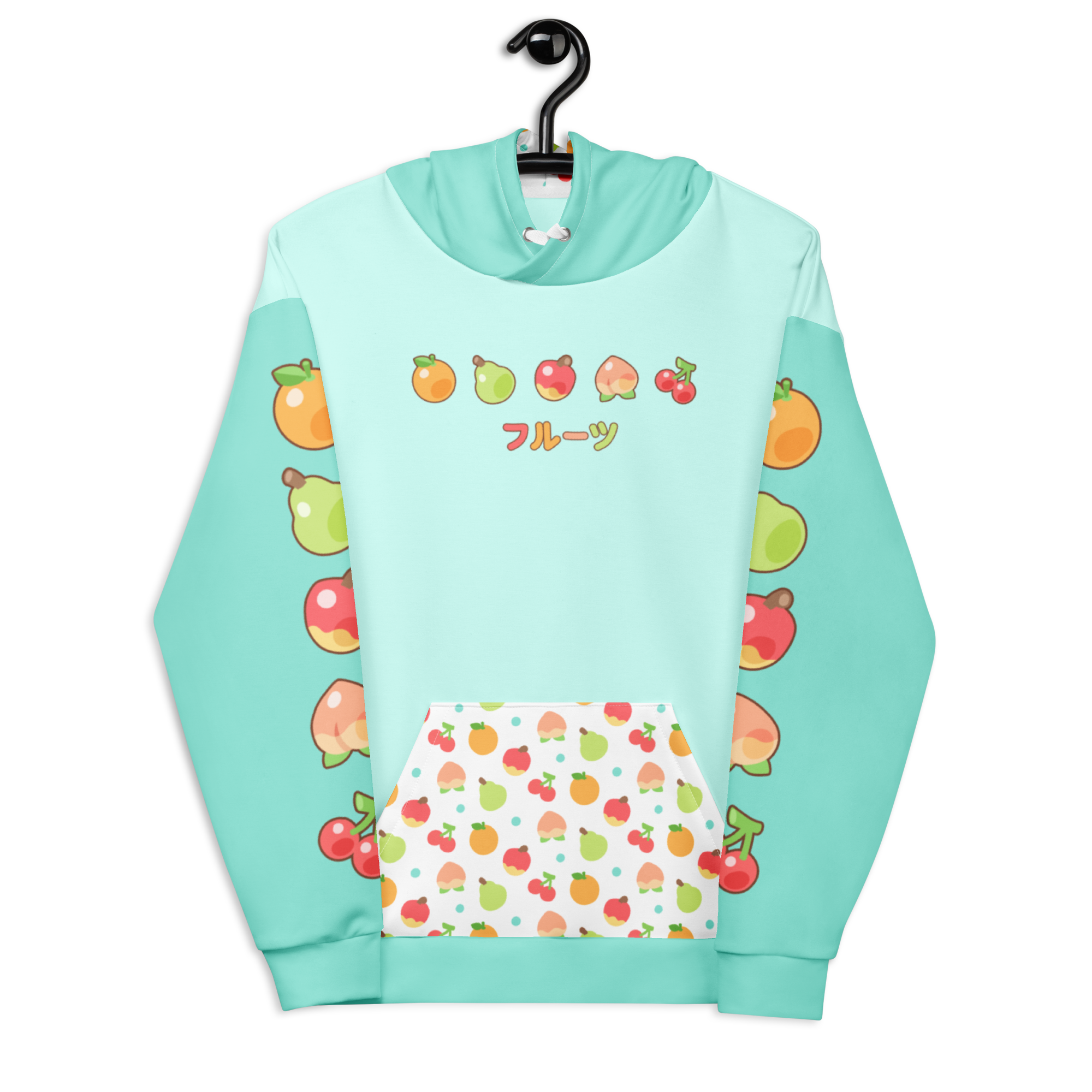 A light blue hoodie with fruits on the sleeves, fruits and japanese text on the chest, and a fruit pattern on the pocket.