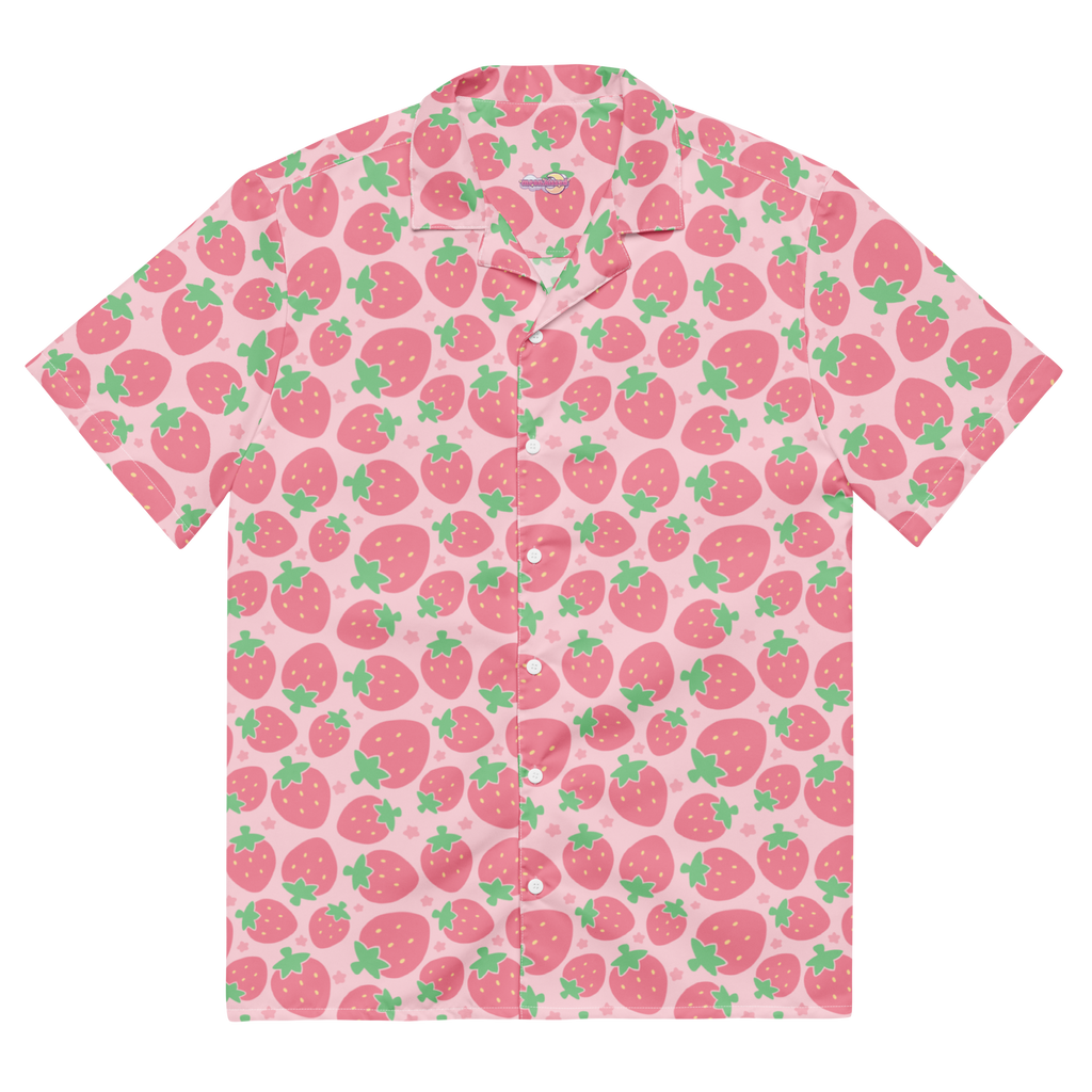 A pink button up shirt with a pink strawberry pattern on it.