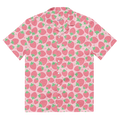 A pink button up shirt with a pink strawberry pattern on it.