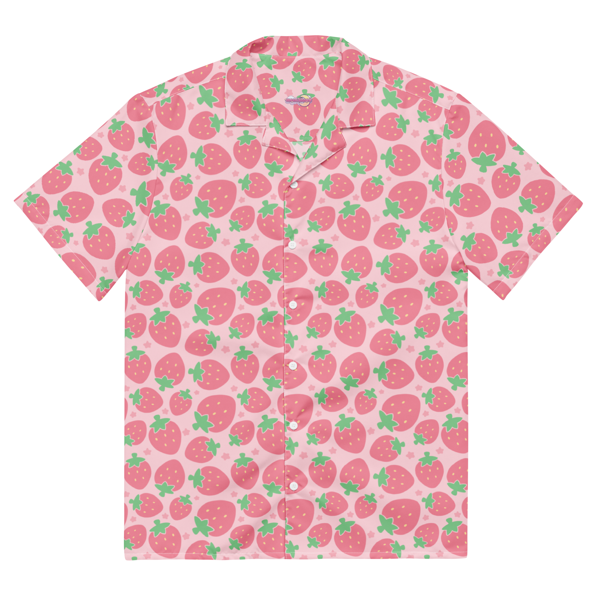 A pink button up shirt with a pink strawberry pattern on it.