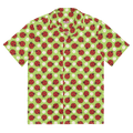 A green button up shirt with a floral ladybug pattern on it.