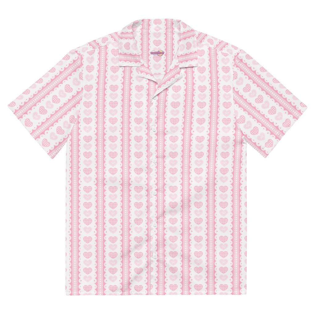 A pink and white patterned button up shirt with hearts and lace.