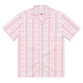 A pink and white patterned button up shirt with hearts and lace.