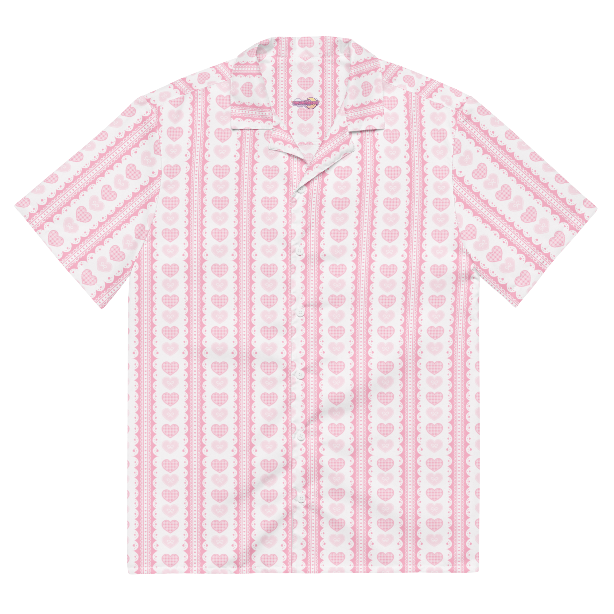 A pink and white patterned button up shirt with hearts and lace.