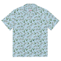 A light blue button up shirt with a floral lily of the valley pattern on it.