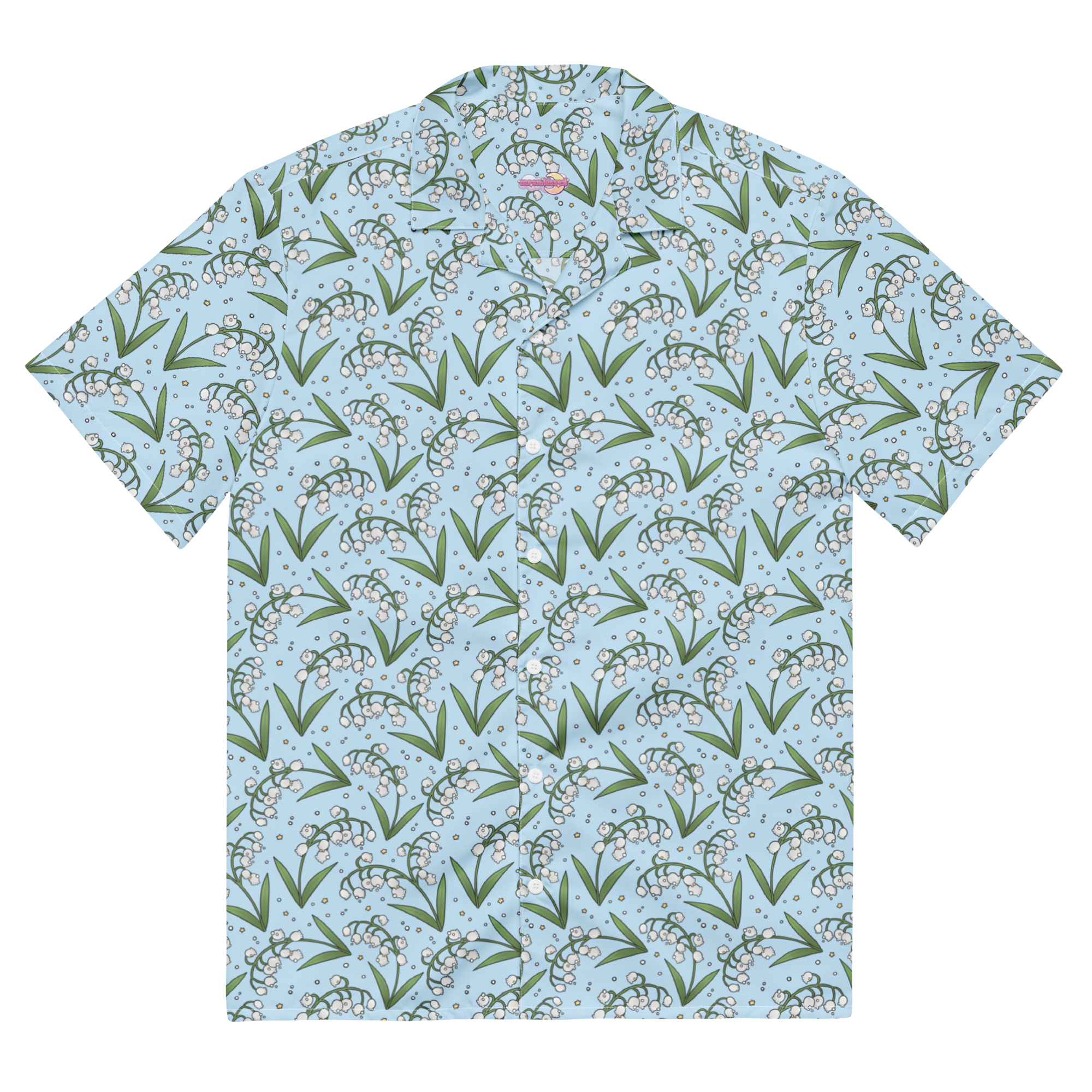 A light blue button up shirt with a floral lily of the valley pattern on it.