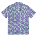 A blue button up shirt with a floral hydrangea pattern on it.