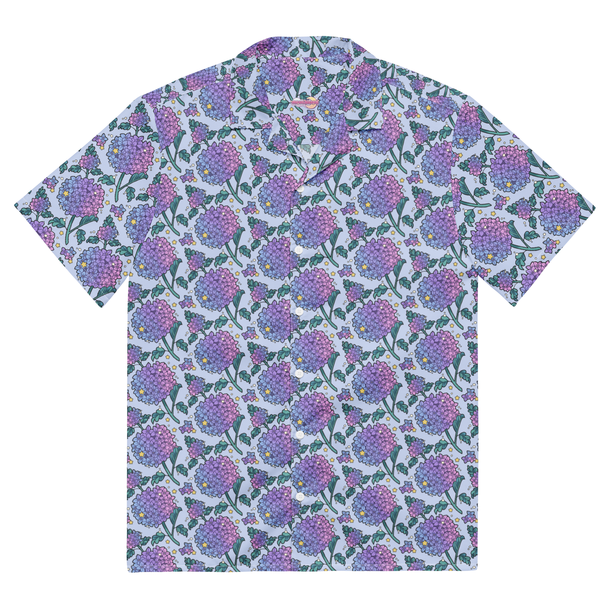 A blue button up shirt with a floral hydrangea pattern on it.