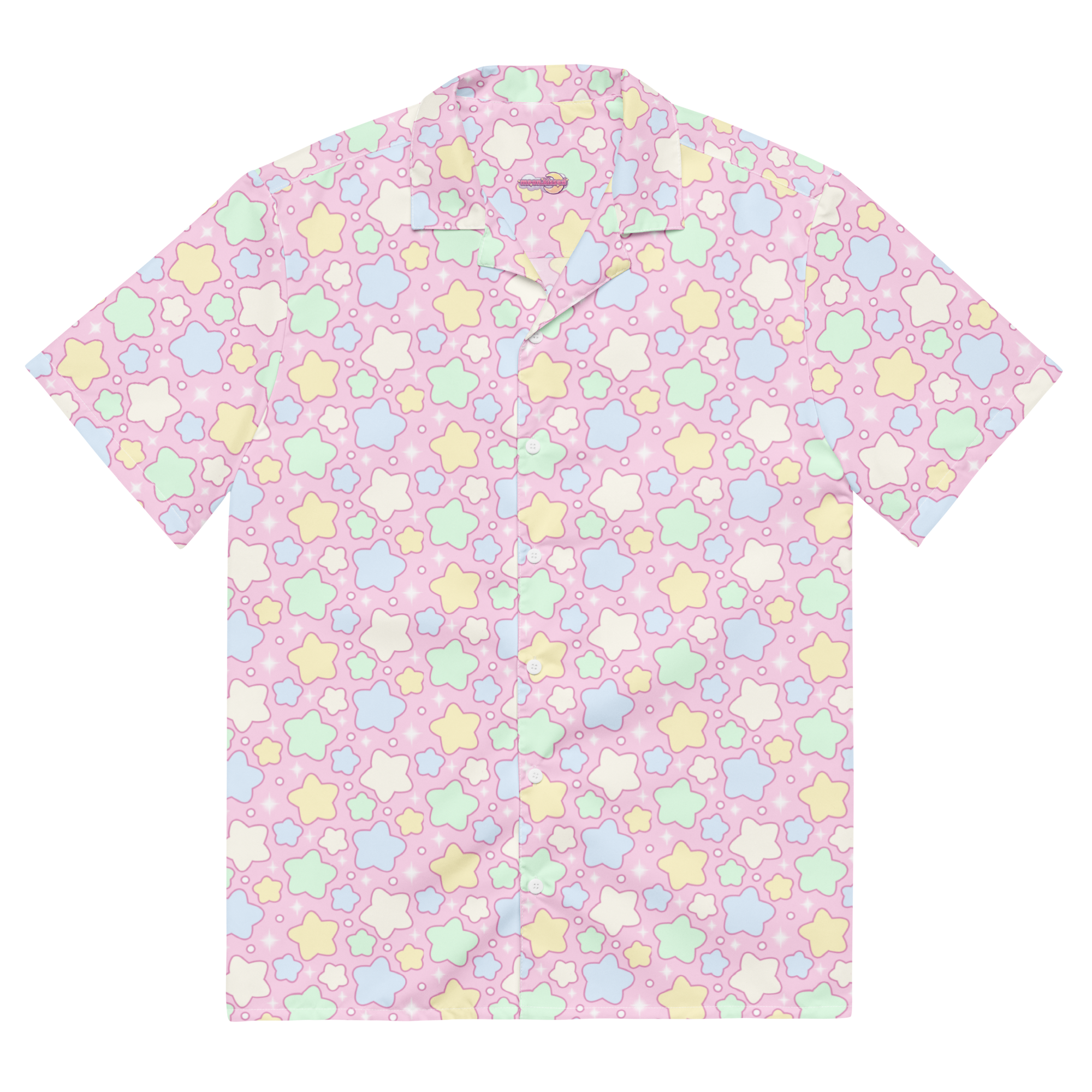 A pink button up shirt with a pastel rainbow star pattern on it.
