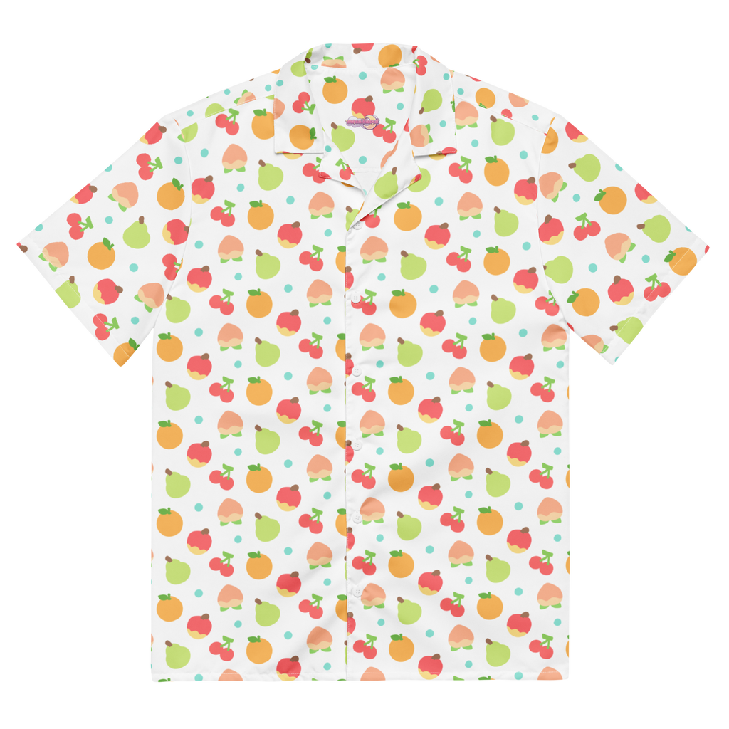 A white button up shirt with a colorful fruit pattern on it.