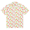 A white button up shirt with a colorful fruit pattern on it.