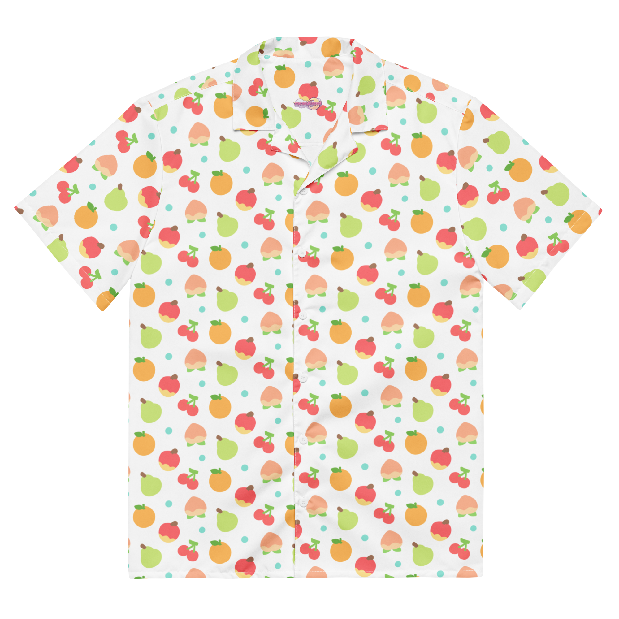 A white button up shirt with a colorful fruit pattern on it.