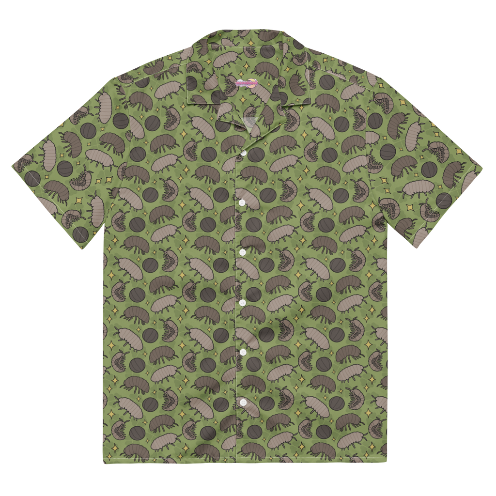 A green button up shirt with a bug pattern on it.