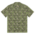 A green button up shirt with a bug pattern on it.
