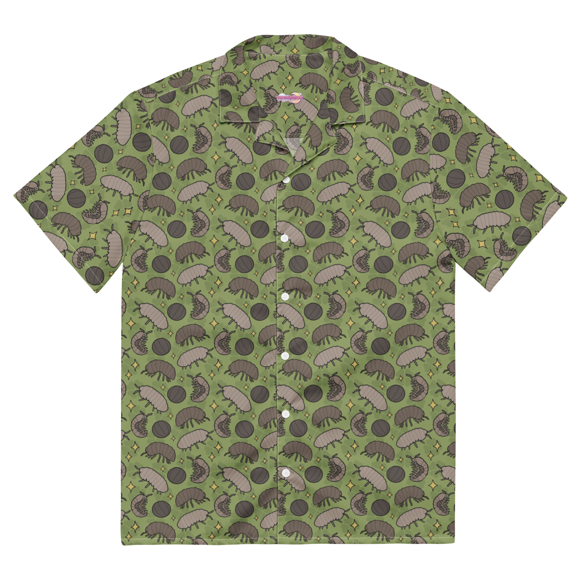 A green button up shirt with a bug pattern on it.