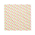A white bandana lying flat with a colorful fruit pattern on it.