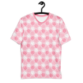 A cute pink t-shirt with a pink and white paw print pattern on it. 