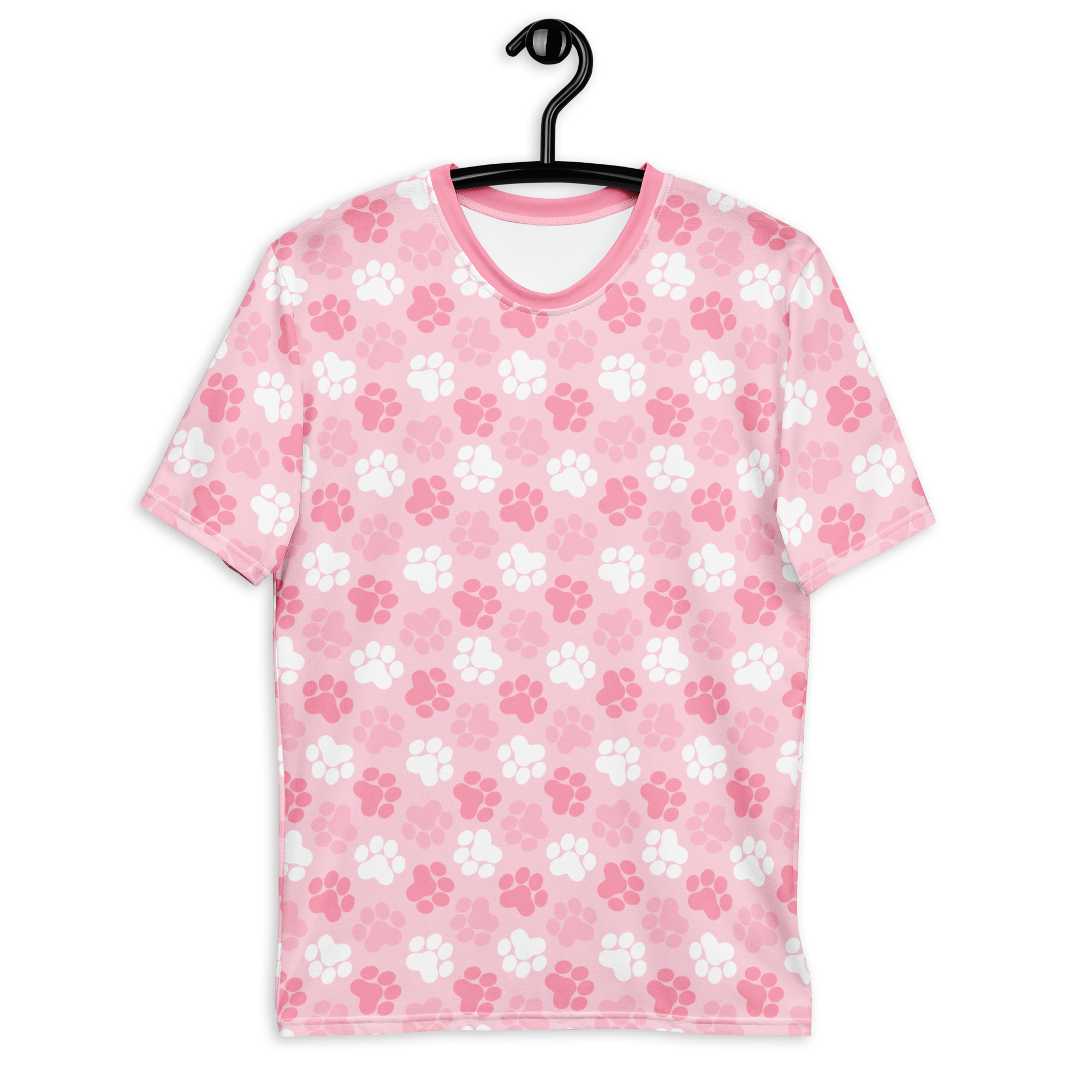 A cute pink t-shirt with a pink and white paw print pattern on it. 