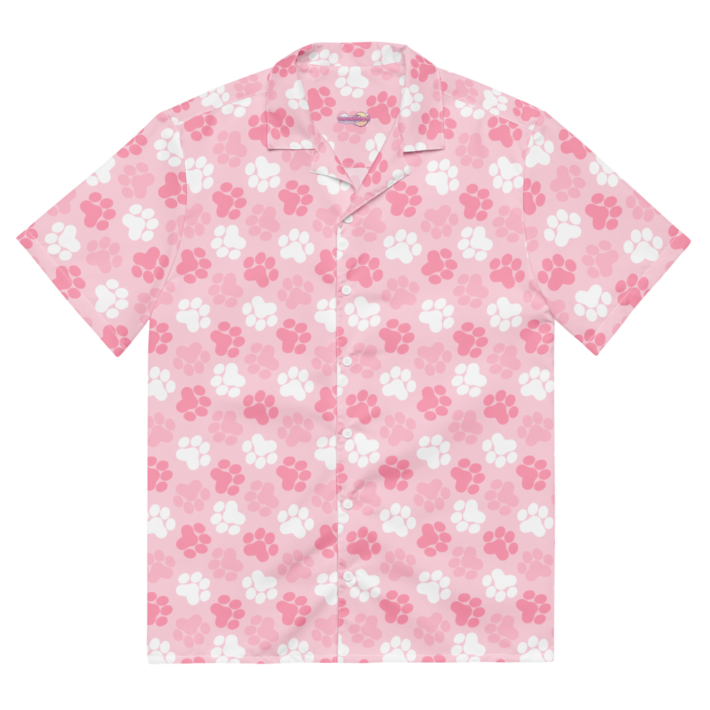 A cute pink button up shirt with a pink and white paw print pattern.