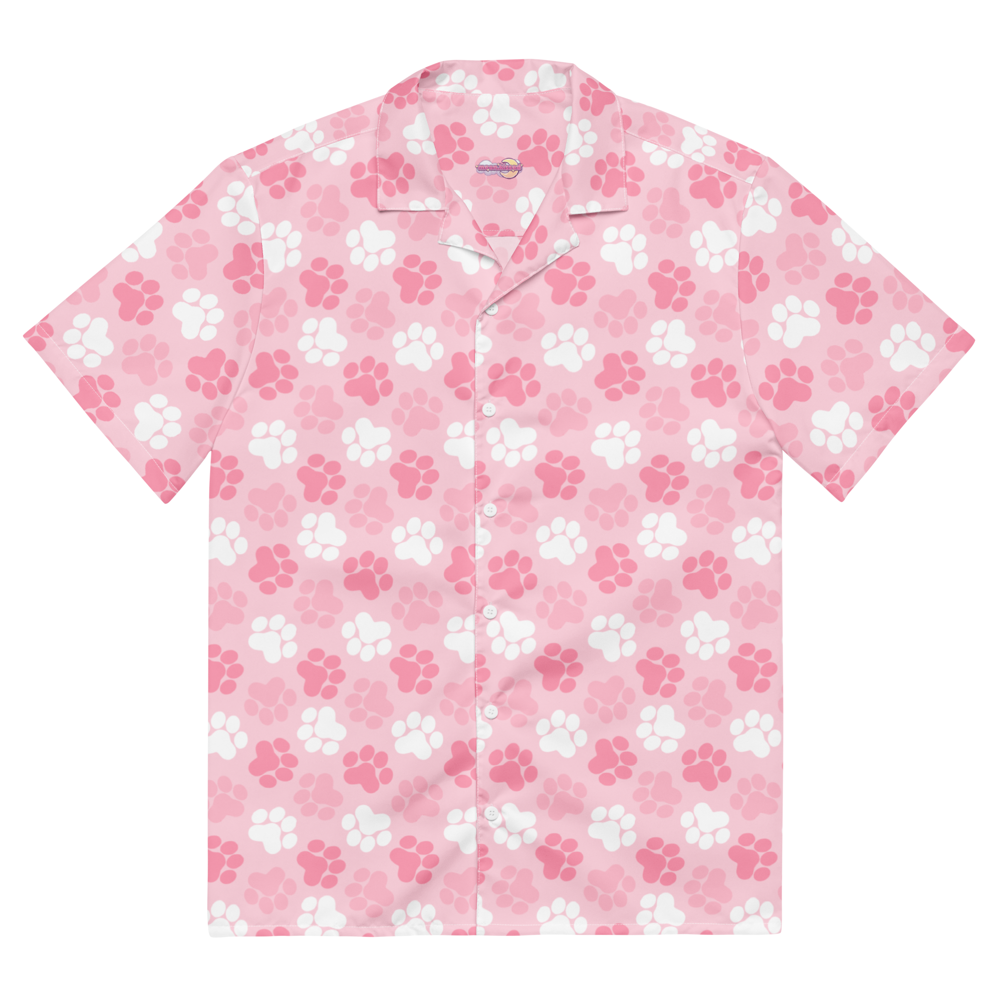 A cute pink button up shirt with a pink and white paw print pattern.