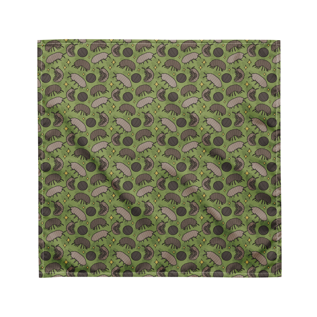 A green bandana lying flat with a bug pattern on it. 