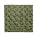 A green bandana lying flat with a bug pattern on it. 