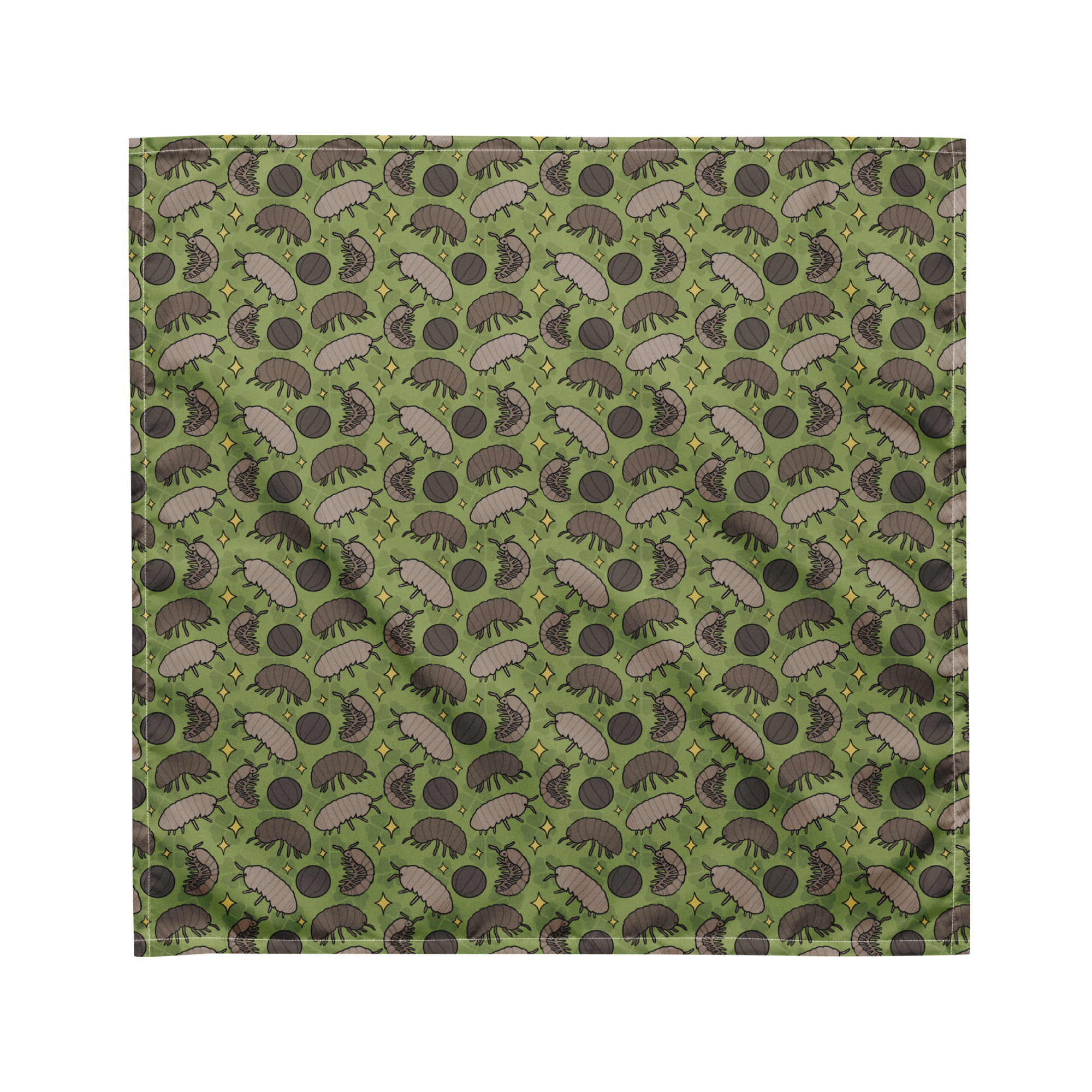 A green bandana lying flat with a bug pattern on it. 