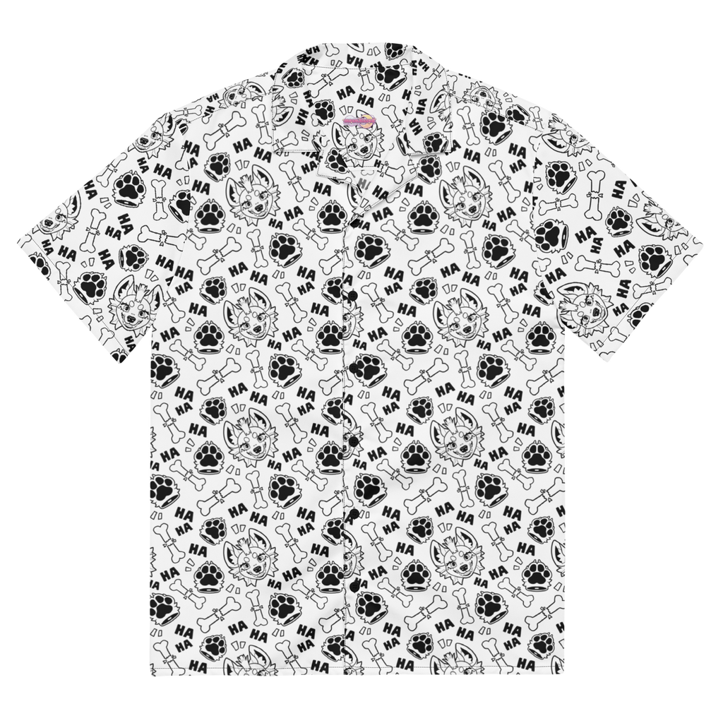 A white button up shirt with a a black pattern featuring hyenas, bones, paws, and text. 