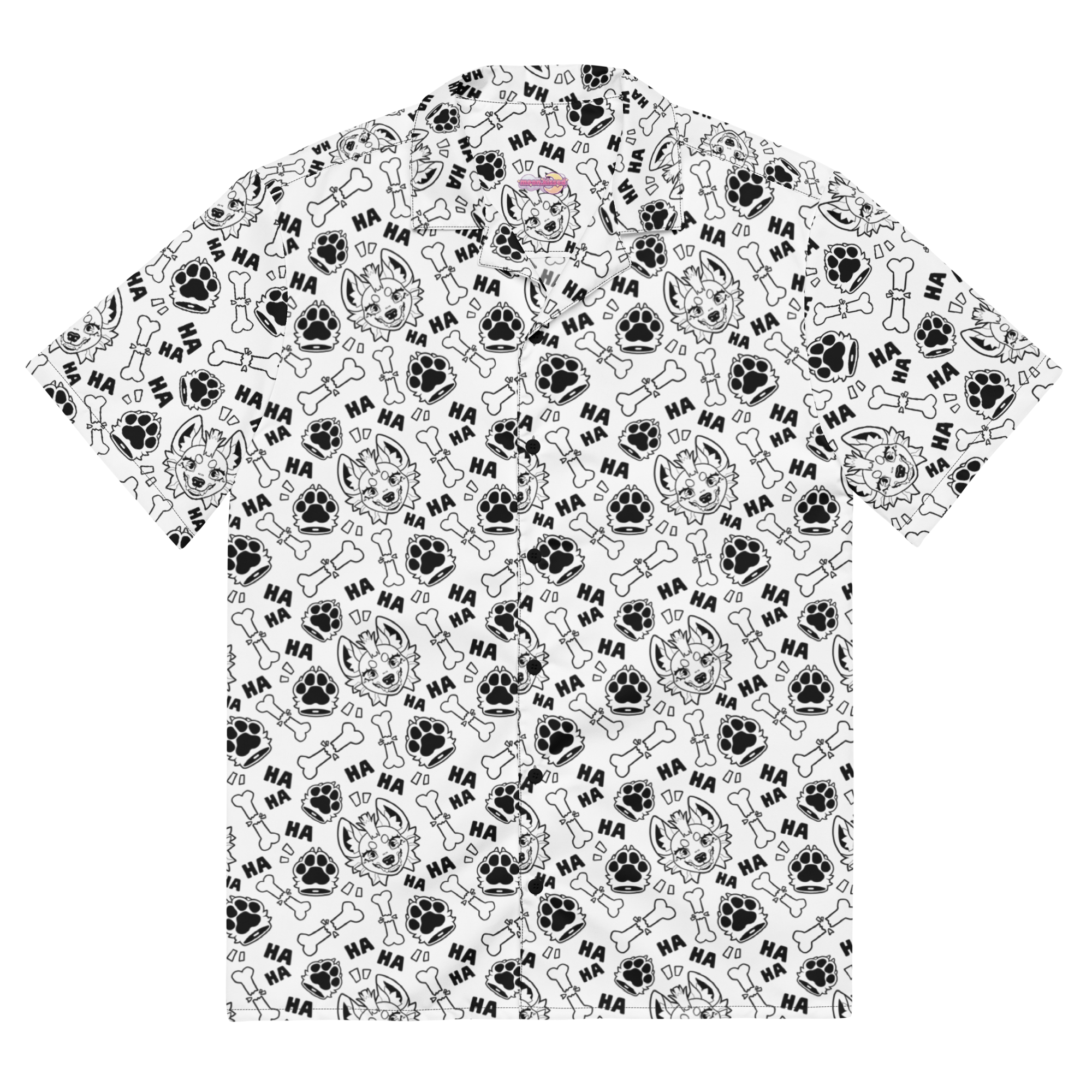 A white button up shirt with a a black pattern featuring hyenas, bones, paws, and text. 