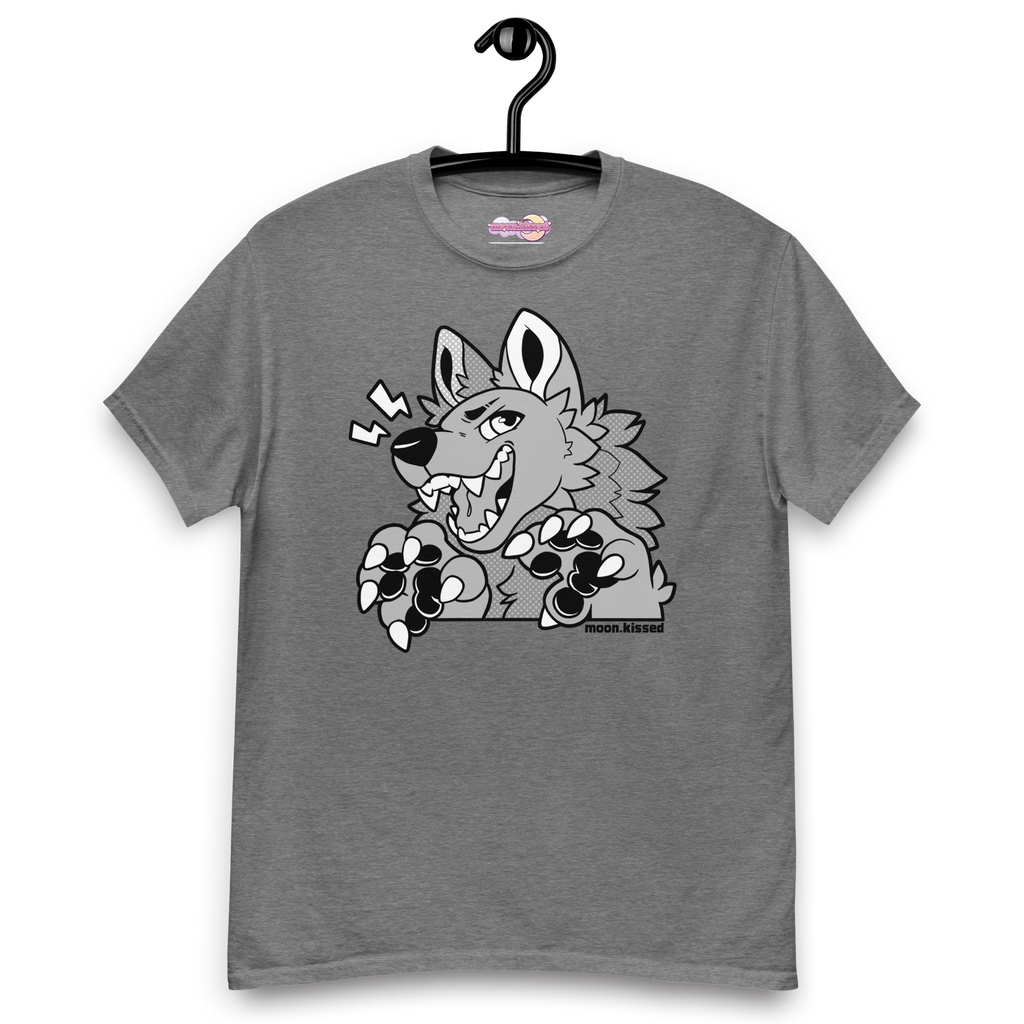 A gray t-shirt with a greyscale grapic of an anthro wolf on it.