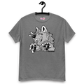 A gray t-shirt with a greyscale grapic of an anthro wolf on it.