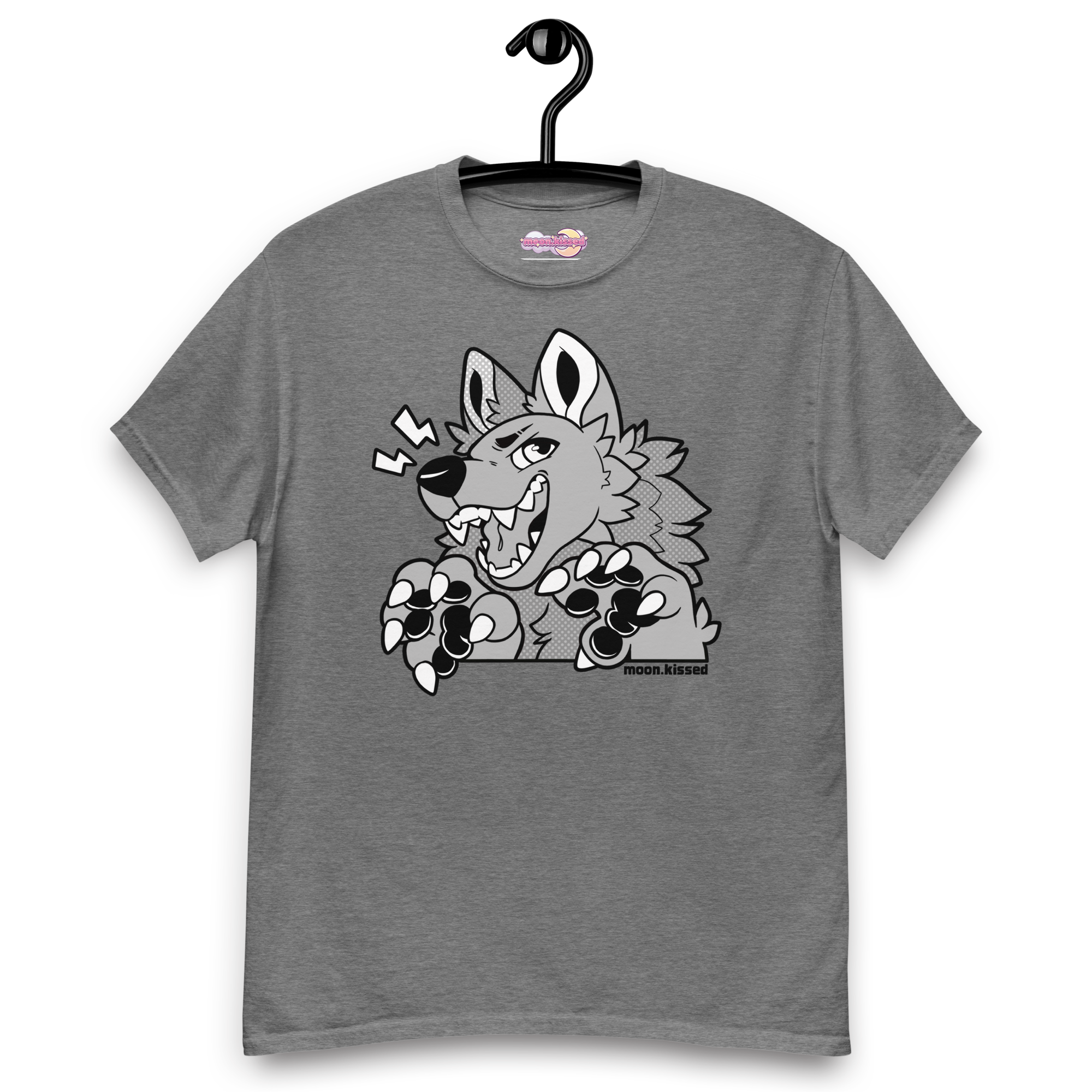 A gray t-shirt with a greyscale grapic of an anthro wolf on it.